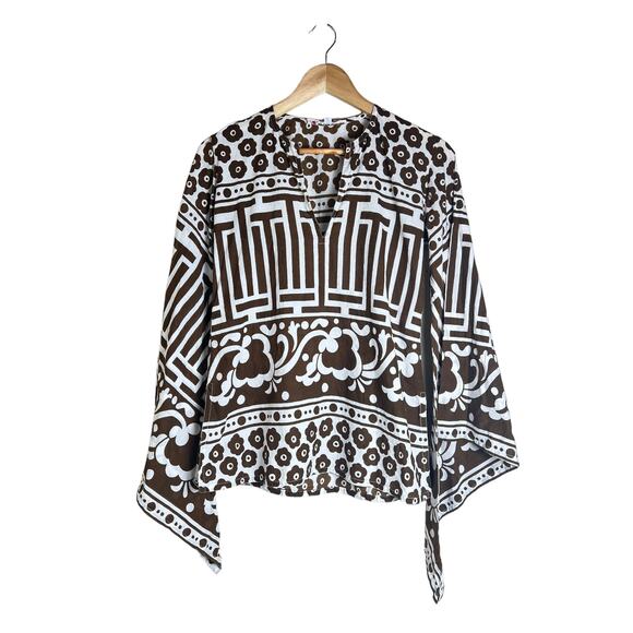 Virginia Witbeck Women’s Brown White Floral Boho Cotton Tunic Blouse Size Small - Picture 1 of 10